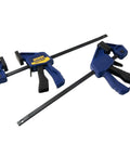 Angled front view of IRWIN Quick-Grip micro one-handed bar clamps, 4-1/4 in, blue/black two-pack with steel bars