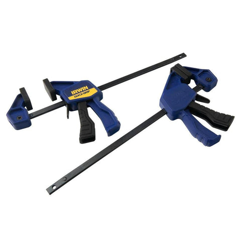 Angled front view of IRWIN Quick-Grip micro one-handed bar clamps, 4-1/4 in, blue/black two-pack with steel bars