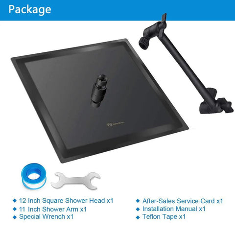 12 Inch Matte Black Rain Shower Head With 11 Inch Adjustable Extension Arm package contents displayed