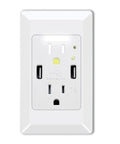 Dual USB Wall Outlet With Auto LED Nightlight And Fast Charging Ports, 15 Amp AC Duplex Receptacle, white faceplates.