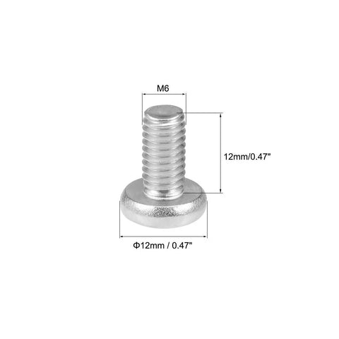 M6x12mm Machine Screws, Phillips Cross Pan Head, 304 Stainless Steel Fasteners, close-up view of heavy-duty bolt.