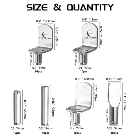 Dang Sturdy Nickel Plated Shelf Pin Kit With Seven Styles Of Heavy Duty Support Pegs For Cabinets Closets And Bookshelves Easy To Mount Fits Five Six Or Seven Millimeter Holes Delivers Reliable Storage That Works Like A Charm sizes and quantities displayed