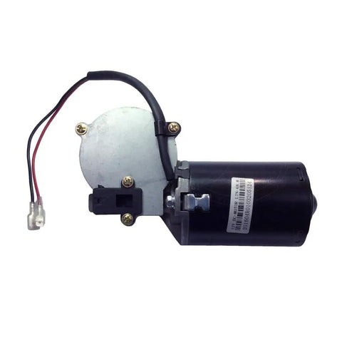 Heavy Lifting 12V DC Right Angle Reliable Electric Gear Motor With Sweet Smooth 45 Rpm Drive And Knockout Torque For Garage Doors. Side view of motor showing wiring and connector.