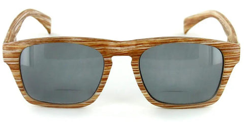 Top Tier Faux Wood Bifocal Reading Sunglasses With Plus 1.50 Power And Full Sun Blocking Spring Hinge Frames Deliver A Straight Up Comfy Fit For Men And Women Looking Fresh On Any Casual Outing - front view, faux wood style