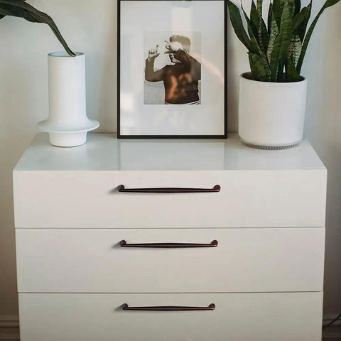 Oil Rubbed Bronze Antique Zinc Alloy Cabinet Handles 6.3 Inch Hole Center Pulls Set Of 6 installed on white drawers
