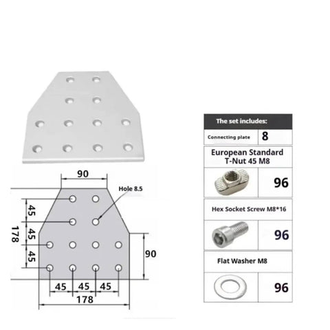 8 Piece Pro Grade T Corner Brackets For 2040 3060 Aluminum Extrusion Frame Building With Heavy Duty Nuts And Screws silver connector plate with dimensions and slots.