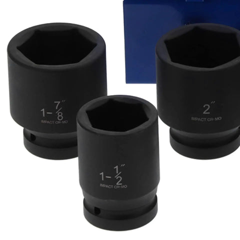 Top Tier 9PC Deep Impact Socket Set With 6 Point Grip For Heavy Duty Auto Repair Jobs That Won`t Slip Or Rust And Get The Job Done Right Away Today. Black 1-1/2, 1-7/8, 2 in impact CR-MO sockets