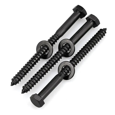 Heavy Duty Stainless Steel Lag Screws With Flat Washers 12 Pack One Quarter Inch By Four Inch Black Hex Head Wood Screws 304 Stainless 18 8 Corrosion Resistant With Black Oxide Coating For Decks Fences And Outdoor Projects close-up view