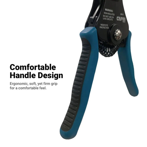 Close-up of Self Adjusting Wire Stripper with Micro Adjust Knob, featuring ergonomic handles for comfortable grip.