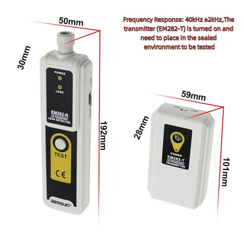 allsun ultrasonic leak detector and transmitter set for HVAC/automotive, dual LEDs, 40kHz sensor, front and side views