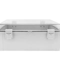 Front view of Tough As Nails Outdoor Junction Box with transparent cover and buckle IP66 weatherproof ABS enclosure for installations.