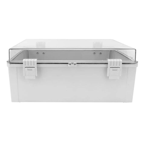 Front view of Tough As Nails Outdoor Junction Box with transparent cover and buckle IP66 weatherproof ABS enclosure for installations.