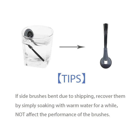 6 Pack No Fuss Replacement Side Brushes for IQ Robot Series Vacuums soaking in glass to recover shape