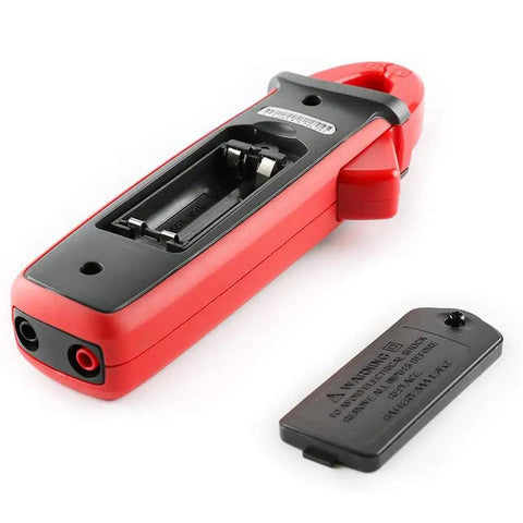 Rear view of red Digital Clamp Meter For AC DC Current Voltage Resistance And Capacitance With Data Hold Pro Grade Precision