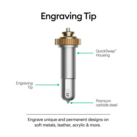 Cricut Engraving Tip with QuickSwap Housing in silver; premium carbide steel tip for engraving on glass, metal and more.