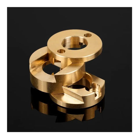 Upgrade Your 3D Printer With This Smooth Oldham Coupling Fit For CR10 S5 Ender3 Pro Z Axis T8 Screw That Fixes Vibration And Boosts Accuracy Like A Boss. Gold metal Oldham coupling for 3D printer Z axis T8 screw, top view