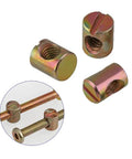 Three M6 metric slotted barrel nuts in gold zinc finish for secure furniture assembly in the Beast Mode 72 Piece kit.