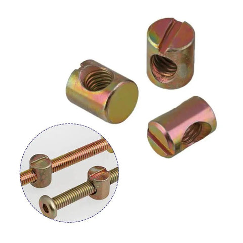 Three M6 metric slotted barrel nuts in gold zinc finish for secure furniture assembly in the Beast Mode 72 Piece kit.