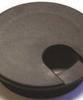 Black Desk Grommet For Cable Management With A 2-1/2 Inch Opening, round design, cable entry on side, durable desk accessory.