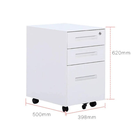 Sturdy Metal Three Drawer Rolling File Cabinet With Lock For Office And Home A4 File Organizer And Desk Storage Anti Tip Design A Real Workhorse For Receipts And Documents While Easy To Move; dimensions shown