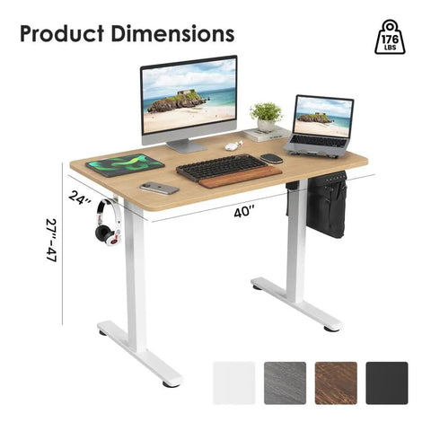 Straight Up Slick Electric Standing Desk With Adjustable Height Motorized Sit Stand Home Office Workstation showing dimensions 40x24 inches with wood top.