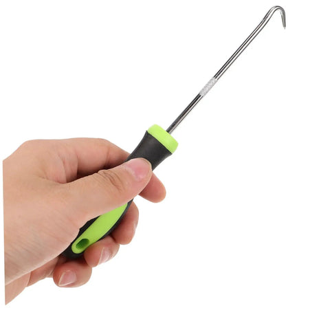 Person holding spline remover hook from Pro Grade Screen Repair Tool Kit 3 Piece For Windows And Doors With Ergonomic Spline Remover Roller Tools And Hook Quick Fix For Damaged Screens DIY Replacement Set.