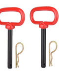 Three Eighths Inch Trailer Hitch Pin And Clip With Red Handle, Beefed Up Four Inch Length, Heavy Duty High Strength Steel, Two Pack