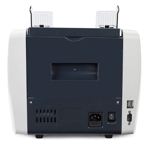 Rear view of mixed denomination bill counter machine with UV MG MT IR detection, black casing, compact design for desk use.