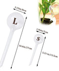 Large and small sizes of clear plant watering globes set, showing measurements, for indoor and outdoor plants hydration