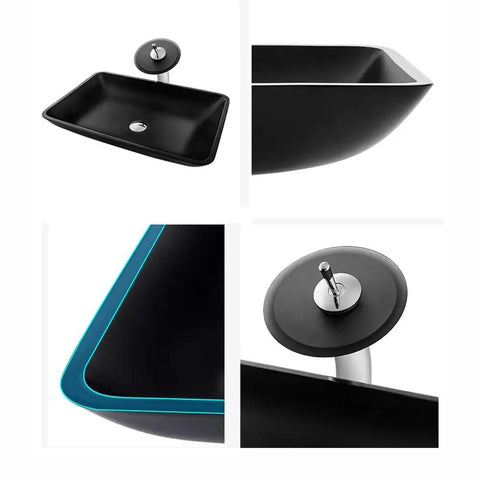 Top Tier Slick Black Rectangular Vessel Sink Built From Heavy Duty Tempered Glass With Smooth Swivel Faucet And Clean Countertop Style For Quick Bathroom Refresh Upgrades, showcasing sleek design and smooth faucet.