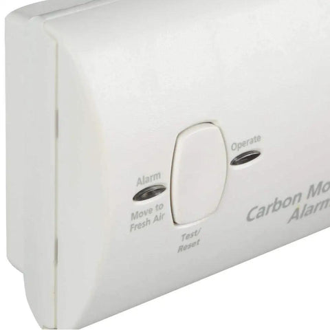 Close-up view of Top Shelf Battery Operated Carbon Monoxide Alarm Featuring Digital Co Gas Detector controls and indicator lights.
