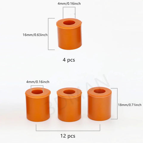 Heatbed Silicone Leveling Column Set for 3D Printers, 16 Pc Kit With 12 By 18mm And 4 By 16mm Bed Mounts shown in two sizes
