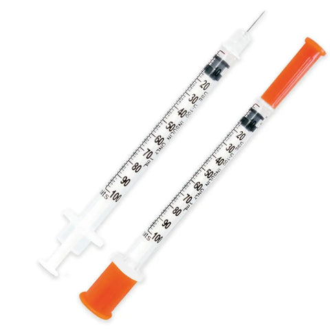 One Milliliter Insulin Syringe With 27 Gauge Half Inch Needle And Orange Cap 100 Count Pack For One Hand Operation Clear Easy To Read Scale Leak Proof Single Use Medical Syringe For Precise Dosing, two syringes