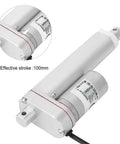 Close-up of 100mm Stroke DC 12V Electric Linear Actuator showing motor details and effective stroke measurement