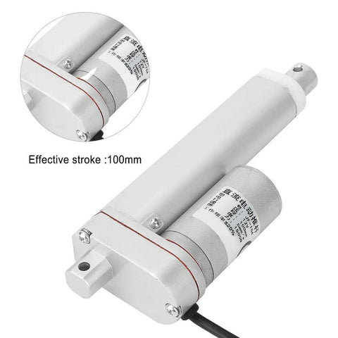 Close-up of 100mm Stroke DC 12V Electric Linear Actuator showing motor details and effective stroke measurement