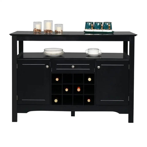Modern Black Sideboard Cabinet Featuring Built In Wine Rack And Two Doors Plus One Drawer Slick Buffet Server To Organize Your Space Badass Wood Console Unit With Metal Knobs with wine rack and decor