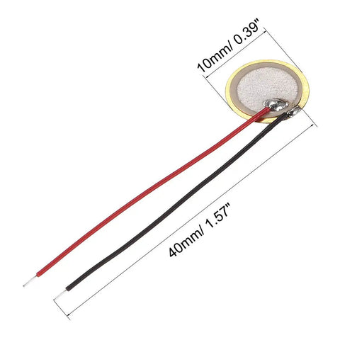 Ten Pack 10mm Piezo Discs For Guitar Pickup Transducers, Ultra Thin Buzzer Film Elements with red and black wires, dimensions shown