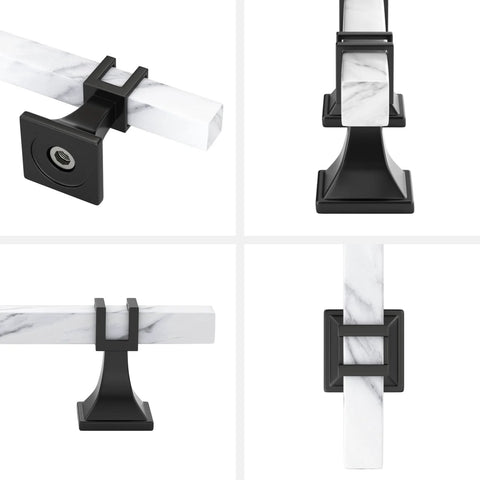 Close-up views of 10 Pack 3 Inch Marble Cabinet Pulls With White Marble Grain Finish, black metal base; modern kitchen hardware detail.
