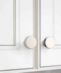 Brushed Satin Nickel Cabinet Knobs Six Pack Zinc Alloy Drawer Pulls upgrade kitchen setup on white cabinet doors.