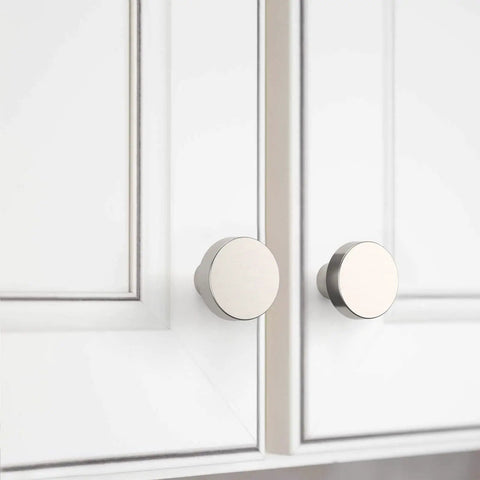 Brushed Satin Nickel Cabinet Knobs Six Pack Zinc Alloy Drawer Pulls upgrade kitchen setup on white cabinet doors.