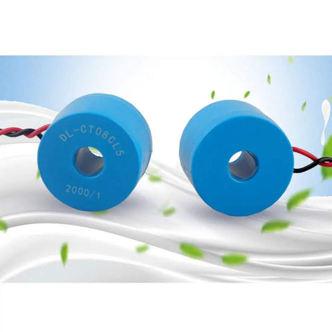 Two Piece Set DL CT08 CL5 20A 10mA Current Transformer 2000 1 0 to 120A Micro CT Sensor for energy meters, blue circular design.