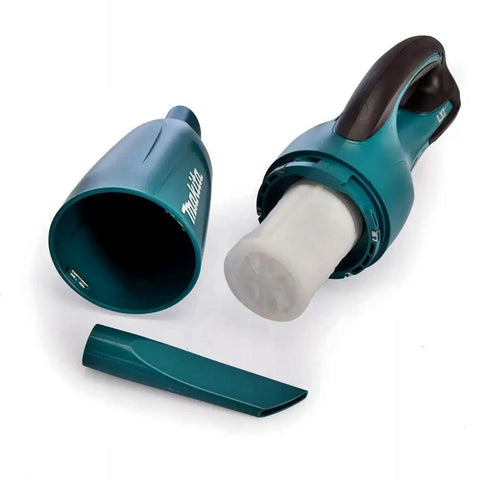 Cordless 18V Li Ion Vacuum Cleaner Body Only for Vehicles and Jobsites, shown with detachable nozzle and filter.