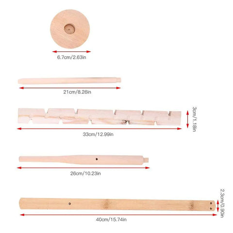Components of Friction Bow Drill Fire Starter Kit For Outdoor Survival And Camping, displayed with measurements and size details.