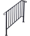 Top Shelf Three Step Outdoor Handrail, Black Metal Stair Railing Kit With Curved Wrought Iron Balusters, side view of sturdy black railing.