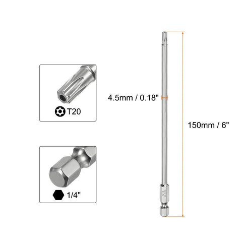 Built Tough T20 Security Torx Bits With Quarter Inch Hex Shank And Six Inch Length Crafted From Grade S2 Steel Magnetic Tamper Resistant Bits shown from the side.