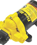 Heavy Duty Flow Max Rv Water Pump With 50 Psi Pressure And 3 Gallons Per Minute Flow side view showing yellow casing and connections.
