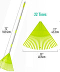 Lightweight Plastic Leaf Rake With 56 Inch Stainless Steel Handle And 22 Tines Plastic Head, dimensions labeled