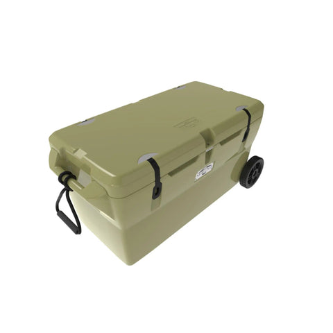 111-Quart Desert Tan Tough Cooler With Heavy Duty Wheel Kit Rotomolded Ice Chest For Hunting Fishing And Camping With Elite Thermal Retention Made In USA