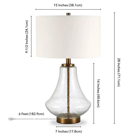 23 Inch Tall Table Lamp With Seeded Glass Shade Polished Nickel Finish And Flax Linen Fabric with measurements