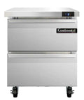 Heavy Duty Pro Work Top Freezer With Stainless Steel Prep Top And Twin Pan Drawers For Kitchen Cold Storage Twenty Seven Inches Wide Seven Point Four Cubic Foot Capacity Electronic Thermostat, front view.
